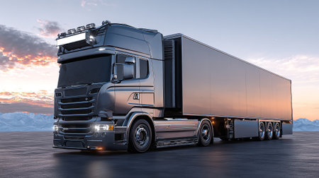 Sleek modern truck parked against a scenic sunset backdrop for transportation needs.の素材