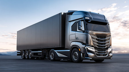 Sleek Modern Semi-Truck Poses Against a Dramatic Sky at Duskの素材