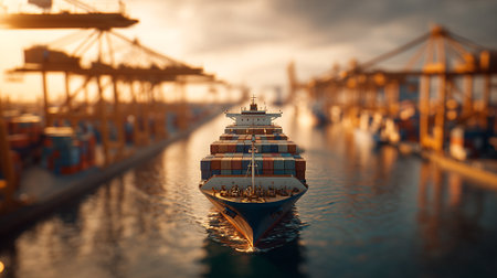 Striking container ship navigating a waterway with cranes during golden hour.の素材