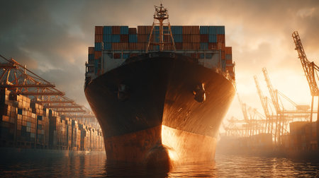 Gigantic container ship awaits loading in a busy harbor during sunsetの素材