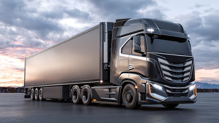 Sleek, Black Semi-Truck Trailer with Cloudscape Background Showcasing Efficient Transport Designの素材
