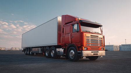 Red Semi-Truck with White Trailer Parked on a Concrete Surfaceの素材