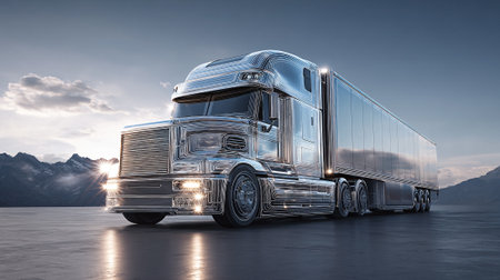 Sleek futuristic silver semi-truck with mountains on the horizon at sunrise.の素材