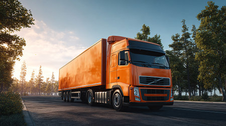 Vibrant Orange Commercial Truck Driving on a Highway Amidst Lush Greeneryの素材