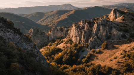 Majestic Mountain Range with Dramatic Rock Formations and Golden Hour Lightingの素材