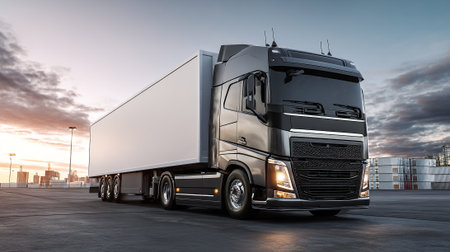 Modern Black Semi-Truck with White Trailer Against Dramatic Sunset Skyの素材