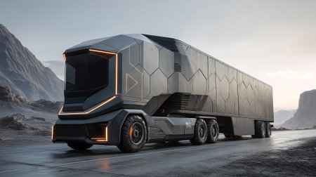 Futuristic Semi-Truck on Mountain Road: Transportation Technology of the Futureの素材
