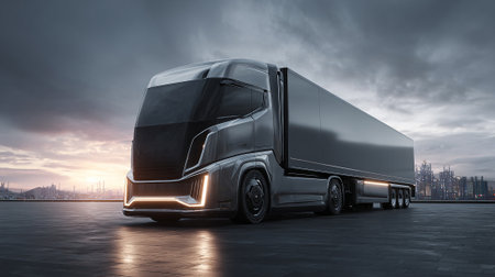 Futuristic black semi-trailer truck concept on a rooftop against urban cityscape.の素材