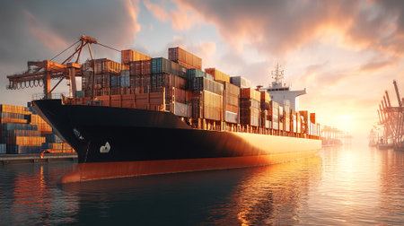 Container ship loaded with cargo at a busy port during sunsetの素材