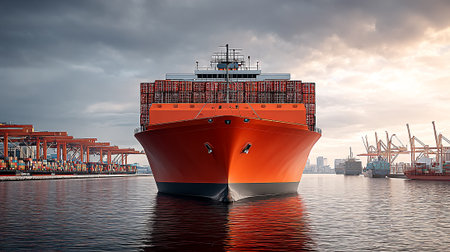 Red cargo ship carrying stacked containers entering the harbor at sunsetの素材