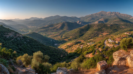 Picturesque valley and mountains landscape view in Corsica in the serene morning light.の素材