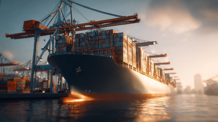 Cargo ship transporting containers in a busy port at sunset lightの素材