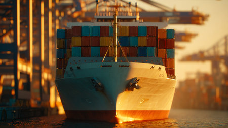 Majestic Cargo Ship Laden with Containers Docks at Port During Golden Hourの素材