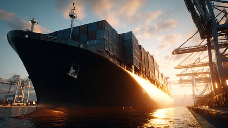 Massive container ship docked at port during sunset with industrial cranes.の素材