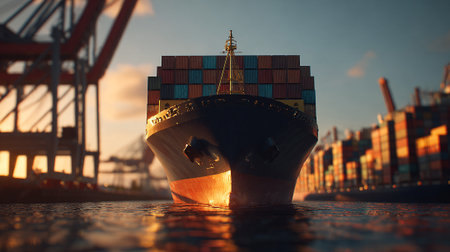 Cargo Ship Loaded with Containers in a Busy Port at Sunsetの素材