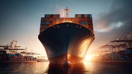 Massive container ship loaded, facing sunset, in bustling global trade portの素材