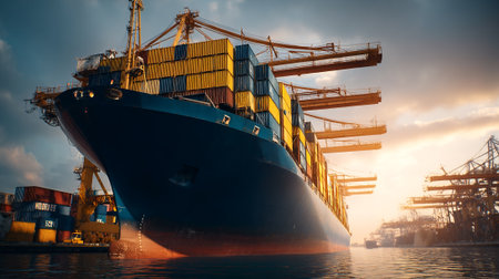 Massive container ship loaded with containers docked at a busy port.の素材