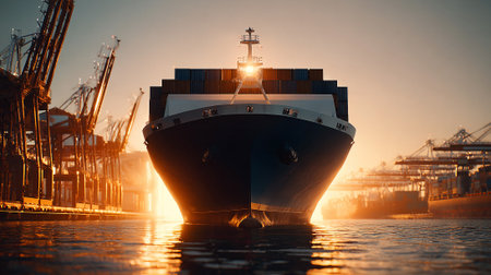 Majestic cargo ship illuminated by golden sunlight at industrial port terminal.の素材