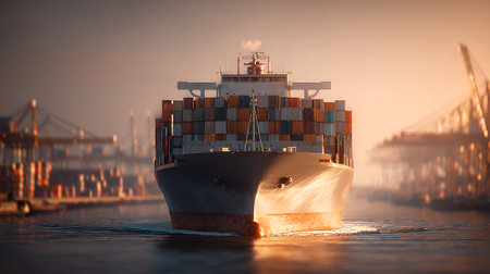 Massive Container Ship Sailing Towards Port During a Vibrant Sunsetの素材