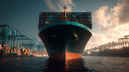 Enormous Cargo Ship Laden with Containers Docked at a Busy Portの素材