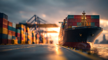 Majestic container ship moored at a port with cranes and containers visible.の素材