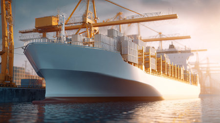 Large cargo ship being loaded with containers at a busy portの素材