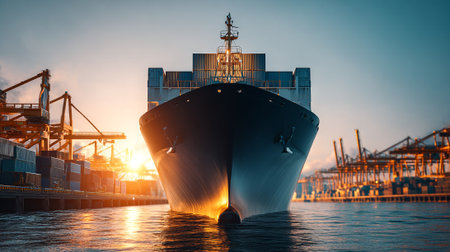 Majestic container ship docked at port during sunrise, showcasing global logistics.の素材