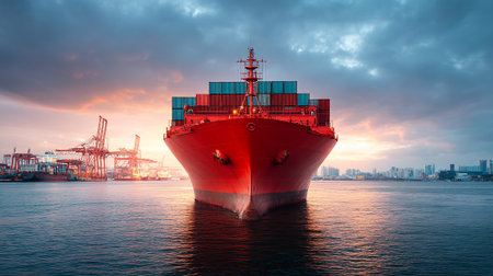 Massive Container Ship Approaching Port Against Dramatic Sky During Twilight Hoursの素材