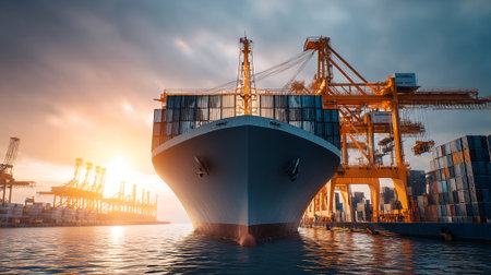Gigantic Container Ship Moored at Dock Under a Dramatic Sunset Skyの素材