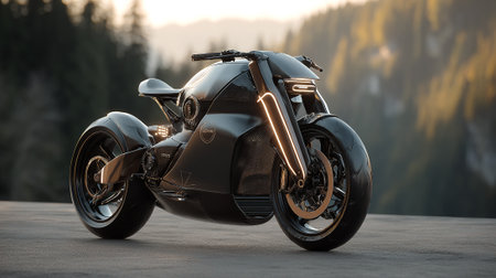 Sleek Futuristic Motorcycle Design Set Against a Blurred Forest Backdrop Sceneの素材