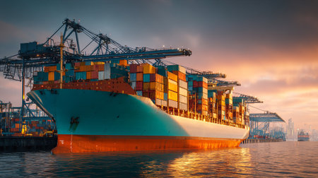 Massive cargo ship loaded with containers at a port during sunsetの素材