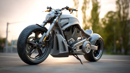 Sleek gray custom motorcycle parked gracefully on an urban asphalt road.の素材