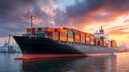 Cargo Ship Transporting Containers in Harbor at Sunset with Dramatic Skyの素材