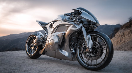 Sleek Silver Motorcycle Stands Proudly Against A Mountainous Twilight Backdropの素材