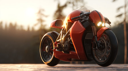 Red s Bike Under Golden Sunset Light: A Motorcycle Powerhouse Dream Rideの素材