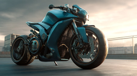 Futuristic blue motorcycle parked on urban rooftop, showcasing modern design elementsの素材