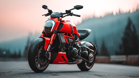 Sleek Red Motorcycle on Asphalt Road with Mountain Backdrop in Soft Lightの素材