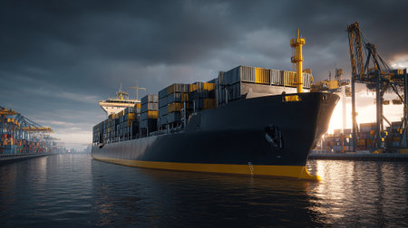 Enormous Cargo Ship Embarking On A Voyage At A Busy Industrial Portの素材