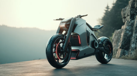 Futuristic Motorcycle on a Mountain Road with Ambient Light and Natureの素材