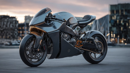 Sleek and Modern Motorcycle with Cityscape Background at Twilightの素材