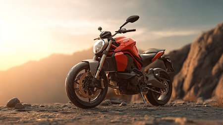 Modern Red Motorcycle Parked on Rocky Terrain Against a Mountain Sunsetの素材