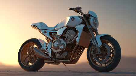 Sleek White Motorcycle Shimmers Under Soft Sunlight, Displaying Precision Engineeringの素材