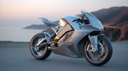 Sleek Futuristic Motorcycle Parked Against Scenic Coastal Backdrop At Sunsetの素材