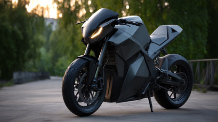Sleek and Futuristic: A Matte Black Motorcycle Ready for the Open Roadの素材