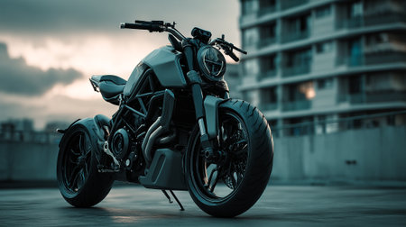 Moody Motorbike: Dark and Stylish Motorcycle Against a Building Backgroundの素材