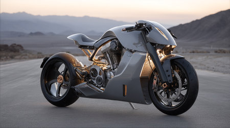 Gray motorcycle showcasing engineering design and high performance on a desert highwayの素材