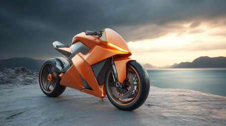 Futuristic Orange Motorcycle on Rocky Coastline Against Dramatic Sky at Duskの素材