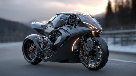 Futuristic Black Motorcycle on Asphalt Road with Blurred Mountain Backdropの素材