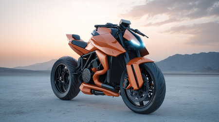 Futuristic Orange Motorcycle Against a Desert Landscape at Sunrise or Sunsetの素材