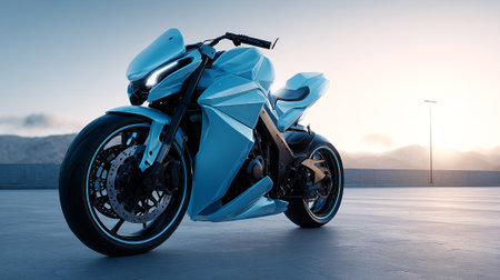Futuristic Motorcycle Design Rendered in Cool Blue Tones on Concrete Surfaceの素材